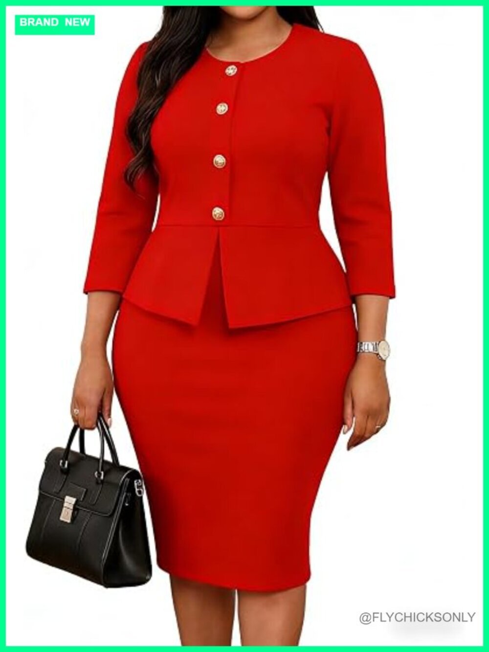 Peplum Bodycon Pencil Dress Decorative Buttons 3/4 Sleeve Sheath Dress